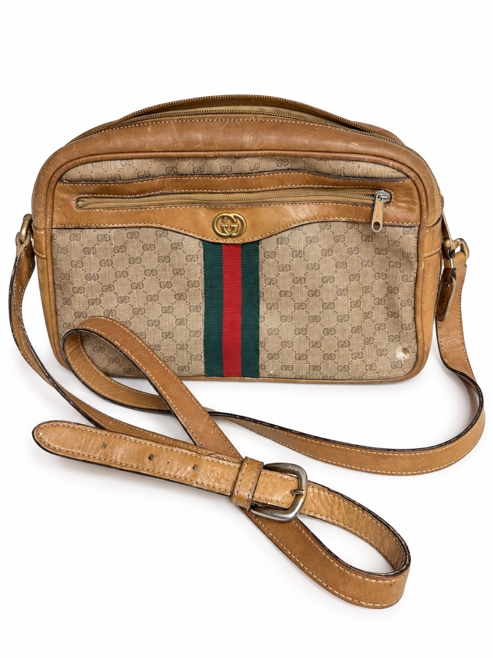 Gucci Vintage Authentic GG Monogram Canvas Tan Leather Crossbody Camera Bag